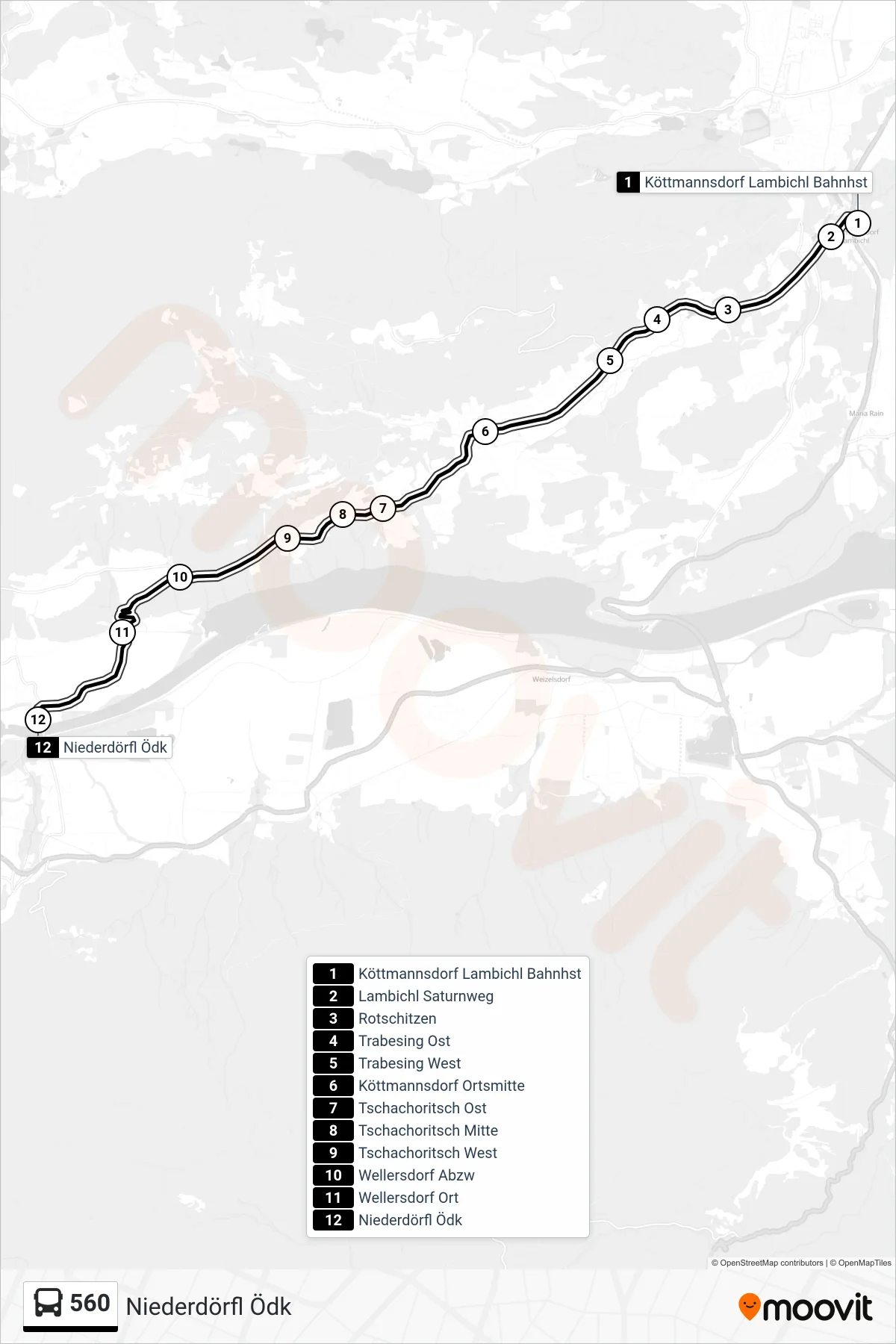 560 tram Line (Niederdörfl Ödk) route and stops on a map