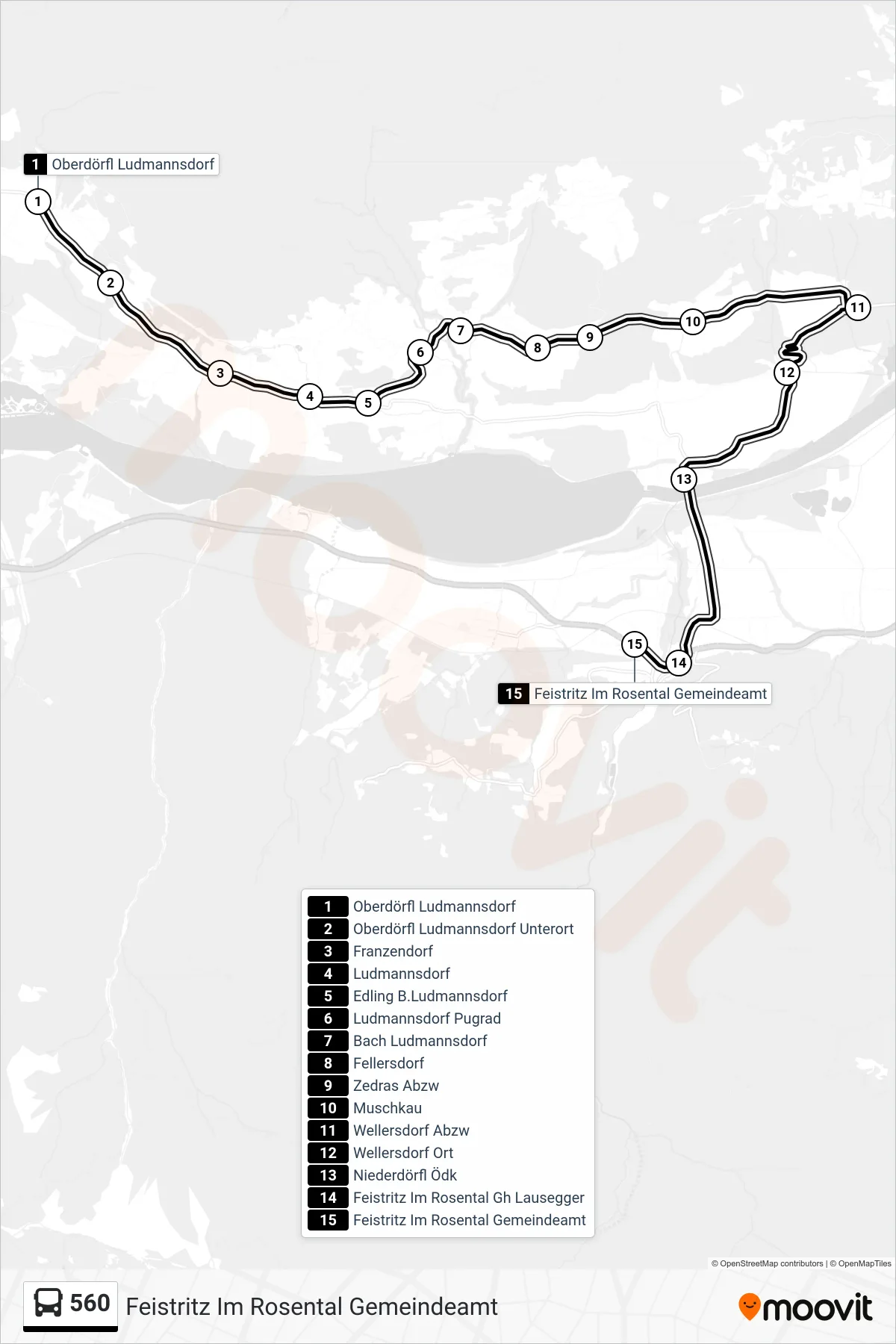 560 tram Line (Feistritz Im Rosental Gemeindeamt) route and stops on a map