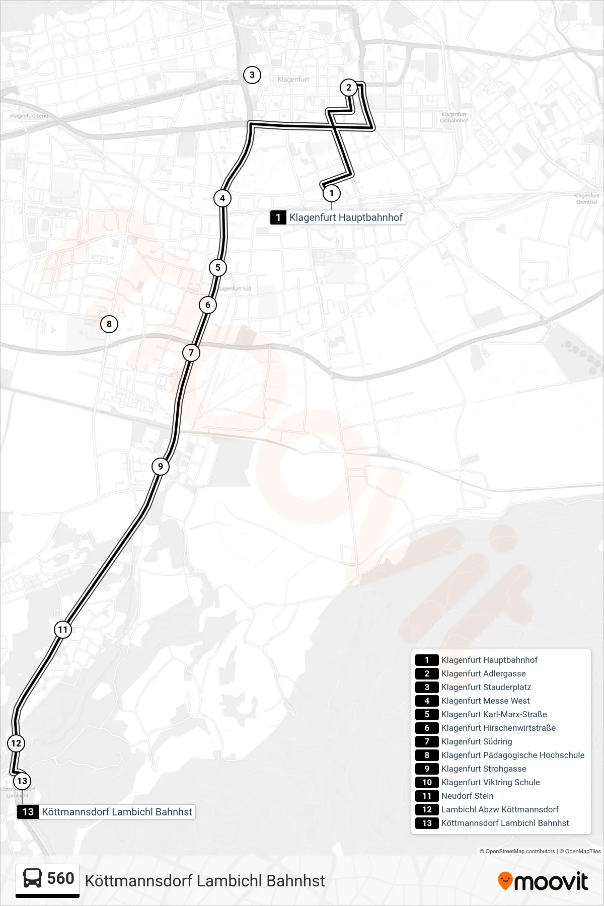 560 tram Line (Köttmannsdorf Lambichl Bahnhst) route and stops on a map