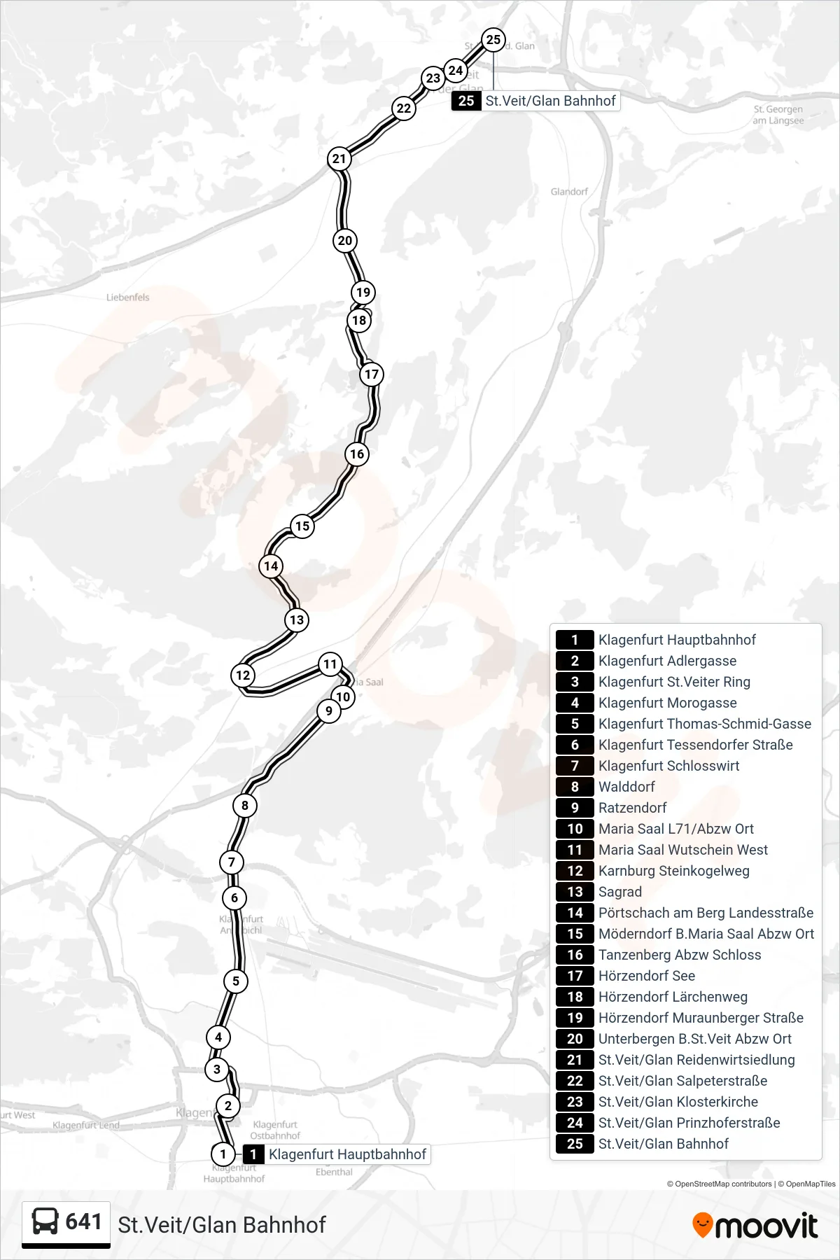 641 tram Line (St.Veit/Glan Bahnhof) route and stops on a map