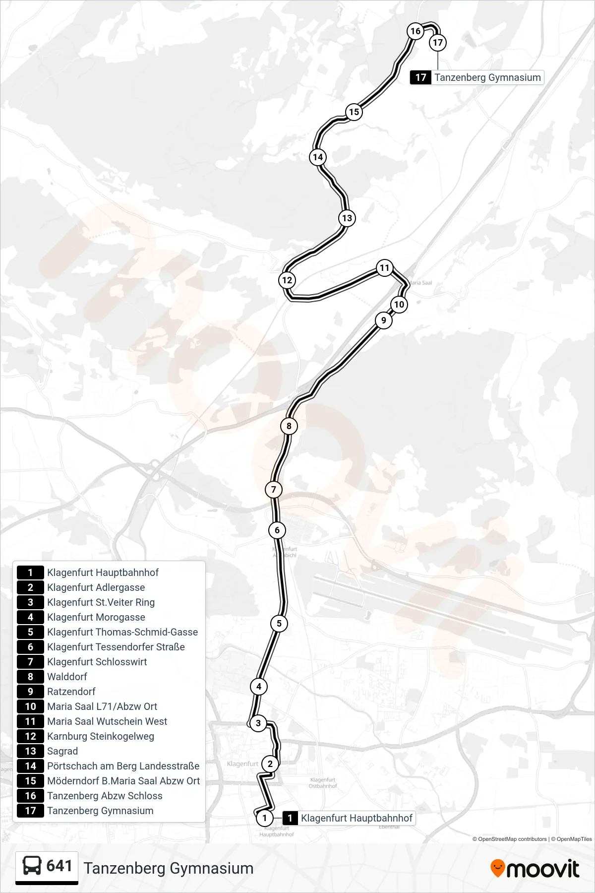 641 tram Line (Tanzenberg Gymnasium) route and stops on a map