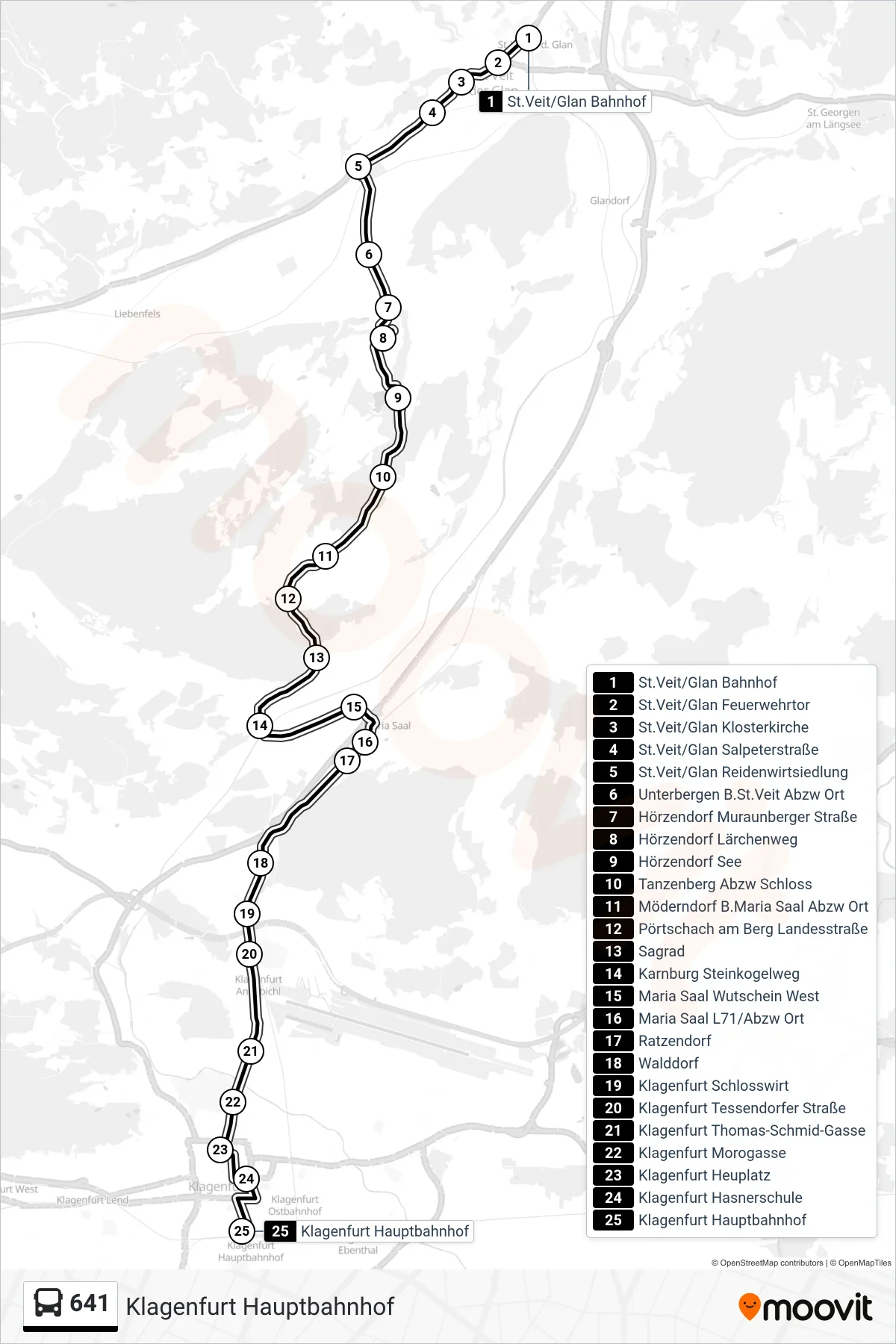 641 tram Line (Klagenfurt Hauptbahnhof) route and stops on a map