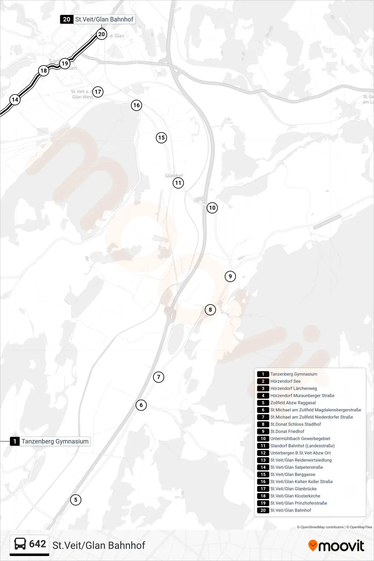 642 tram Line (St.Veit/Glan Bahnhof) route and stops on a map