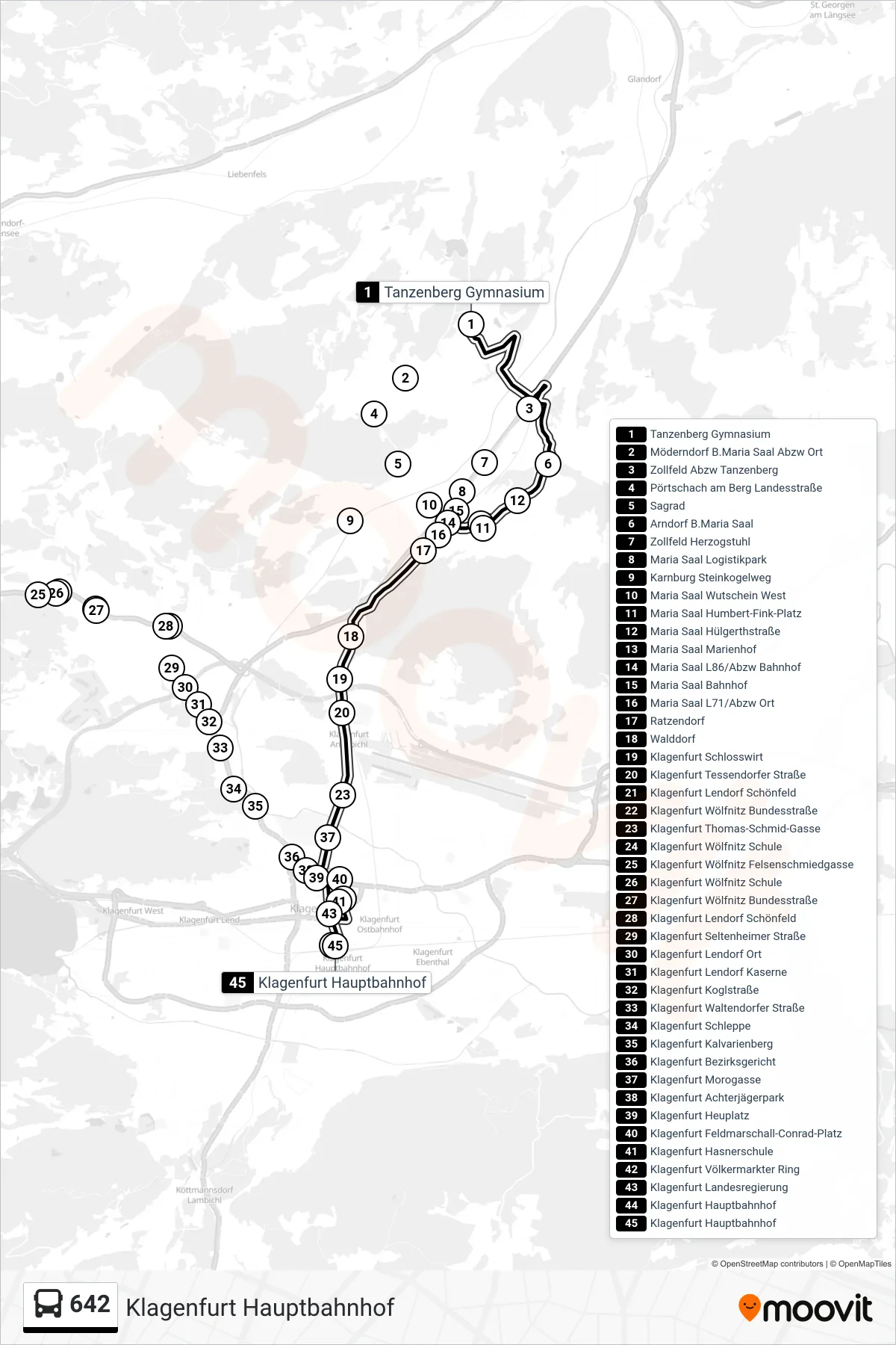642 tram Line (Klagenfurt Hauptbahnhof) route and stops on a map