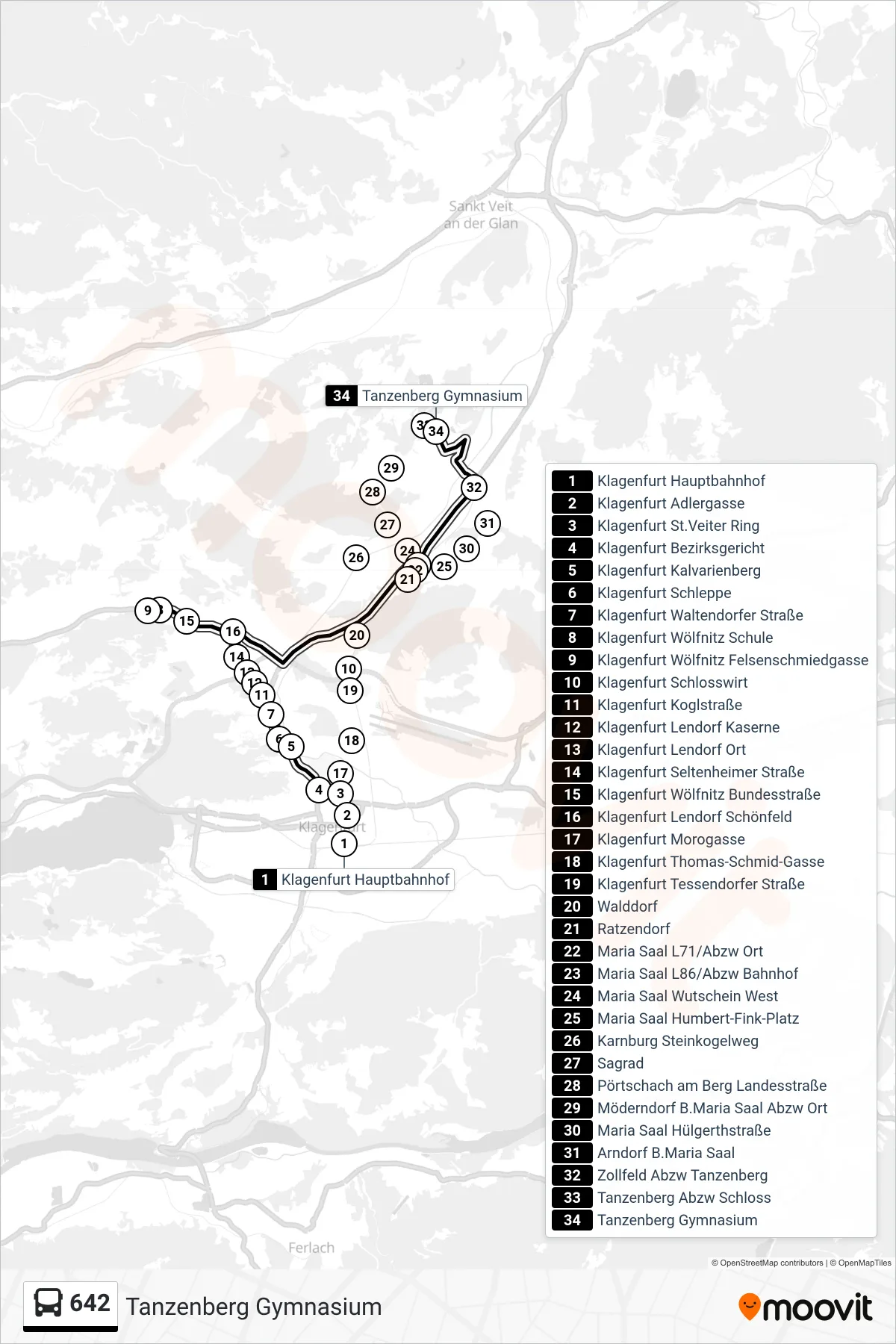 642 tram Line (Tanzenberg Gymnasium) route and stops on a map