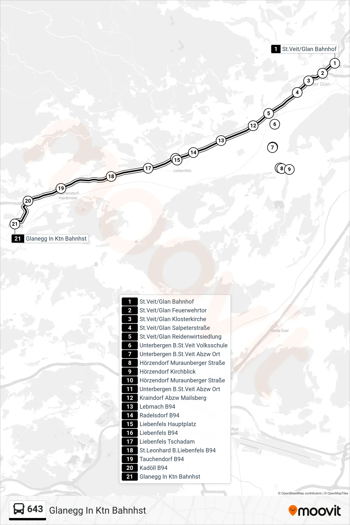 643 tram Line (Glanegg In Ktn Bahnhst) route and stops on a map