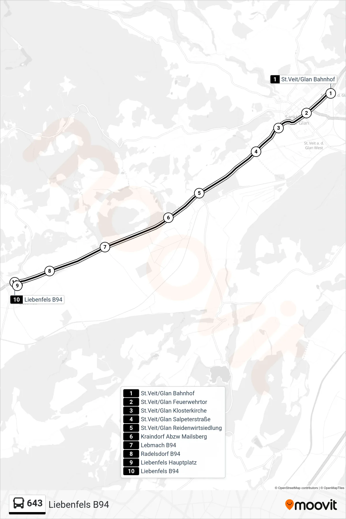 643 tram Line (Liebenfels B94) route and stops on a map