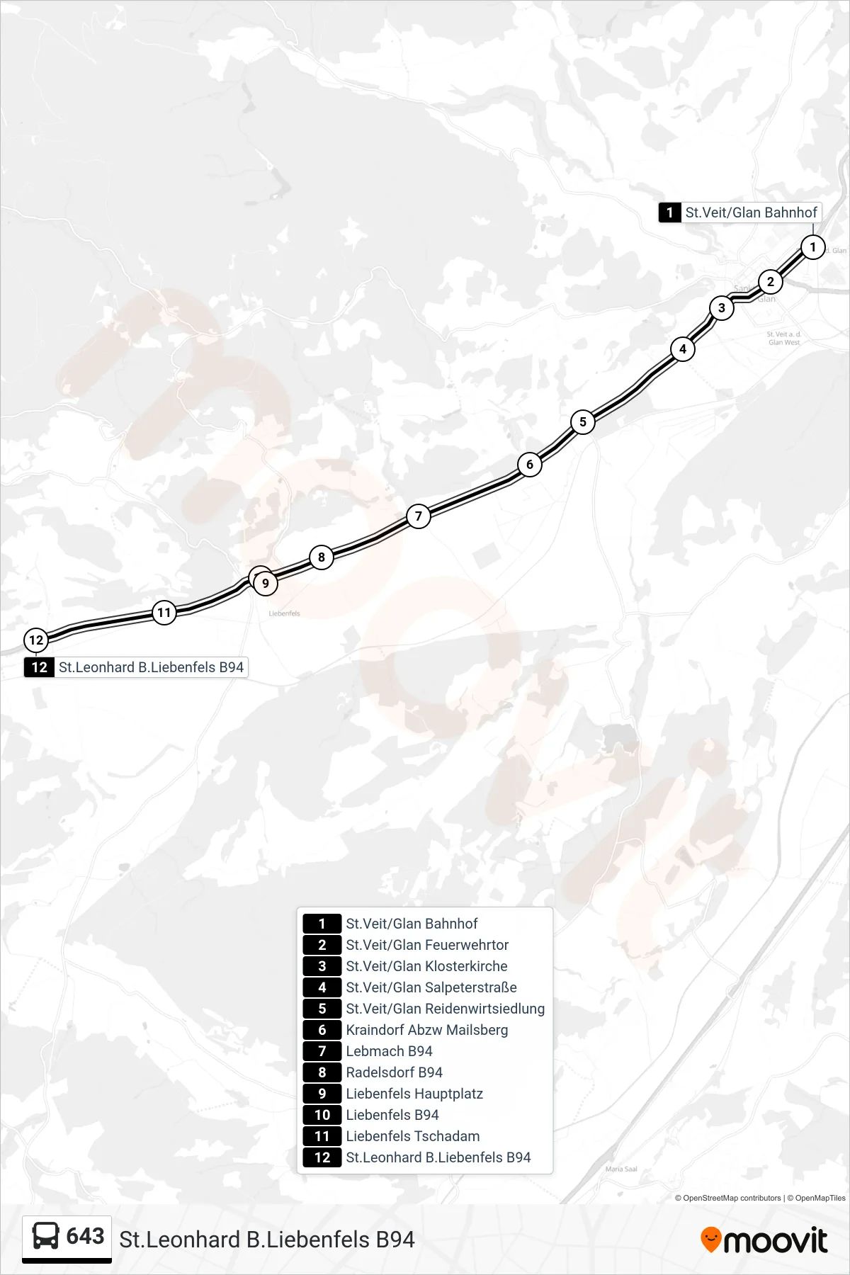 Linie 643 (Tram) Richtung St.Leonhard B.Liebenfels B94: Route und Haltestellen auf der Karte