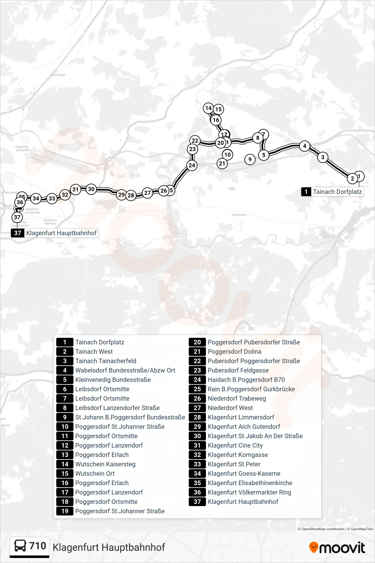 710 tram Line (Klagenfurt Hauptbahnhof) route and stops on a map