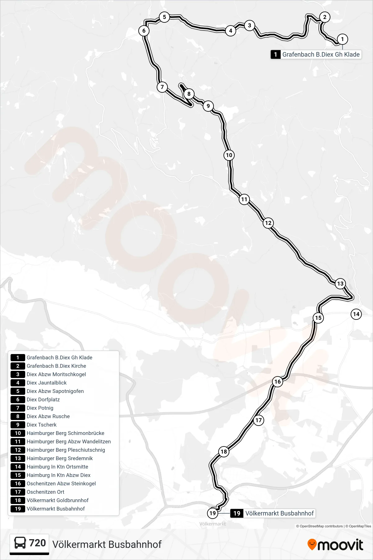 Linie 720 (Tram) Richtung Völkermarkt Busbahnhof: Route und Haltestellen auf der Karte