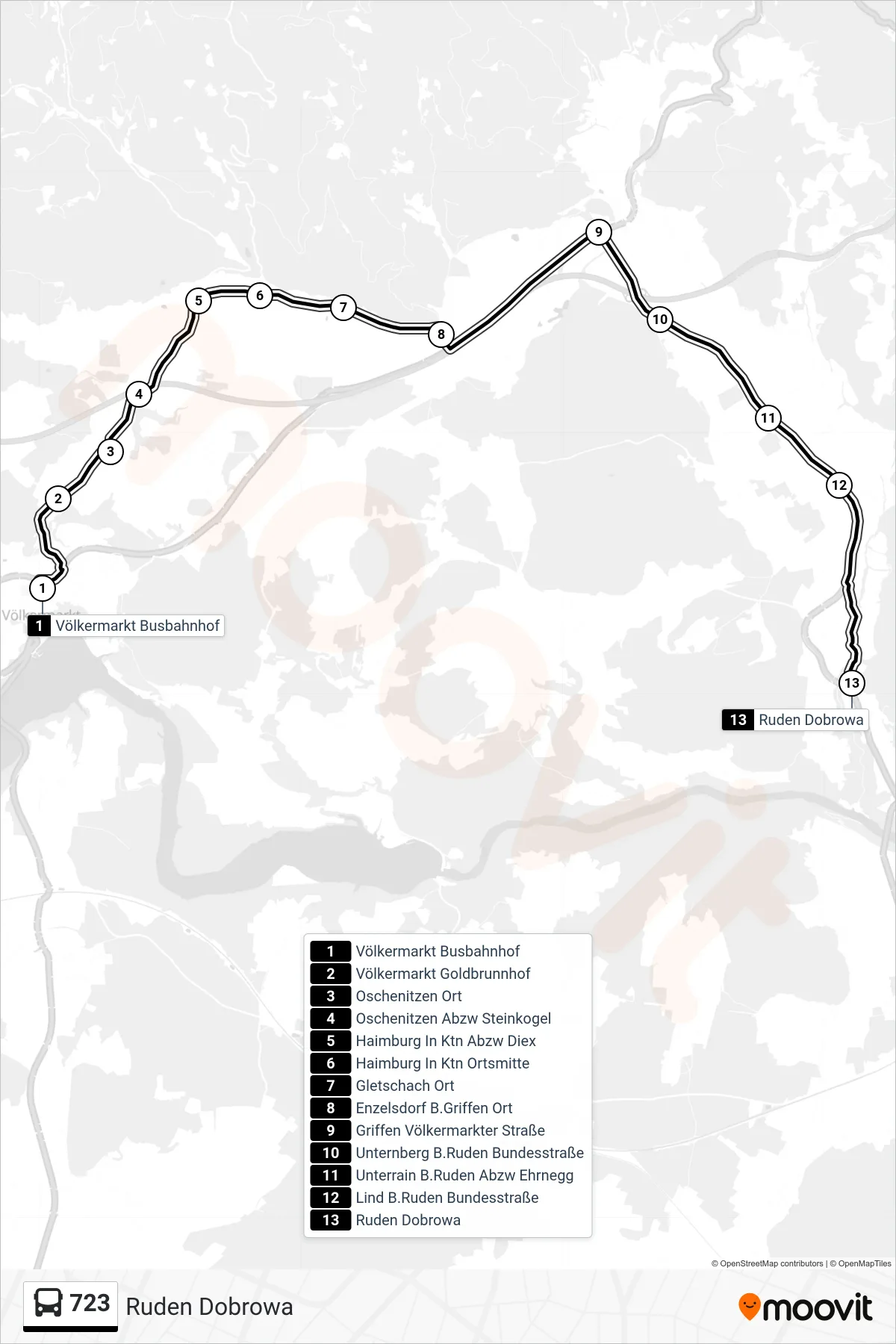 723 tram Line (Ruden Dobrowa) route and stops on a map