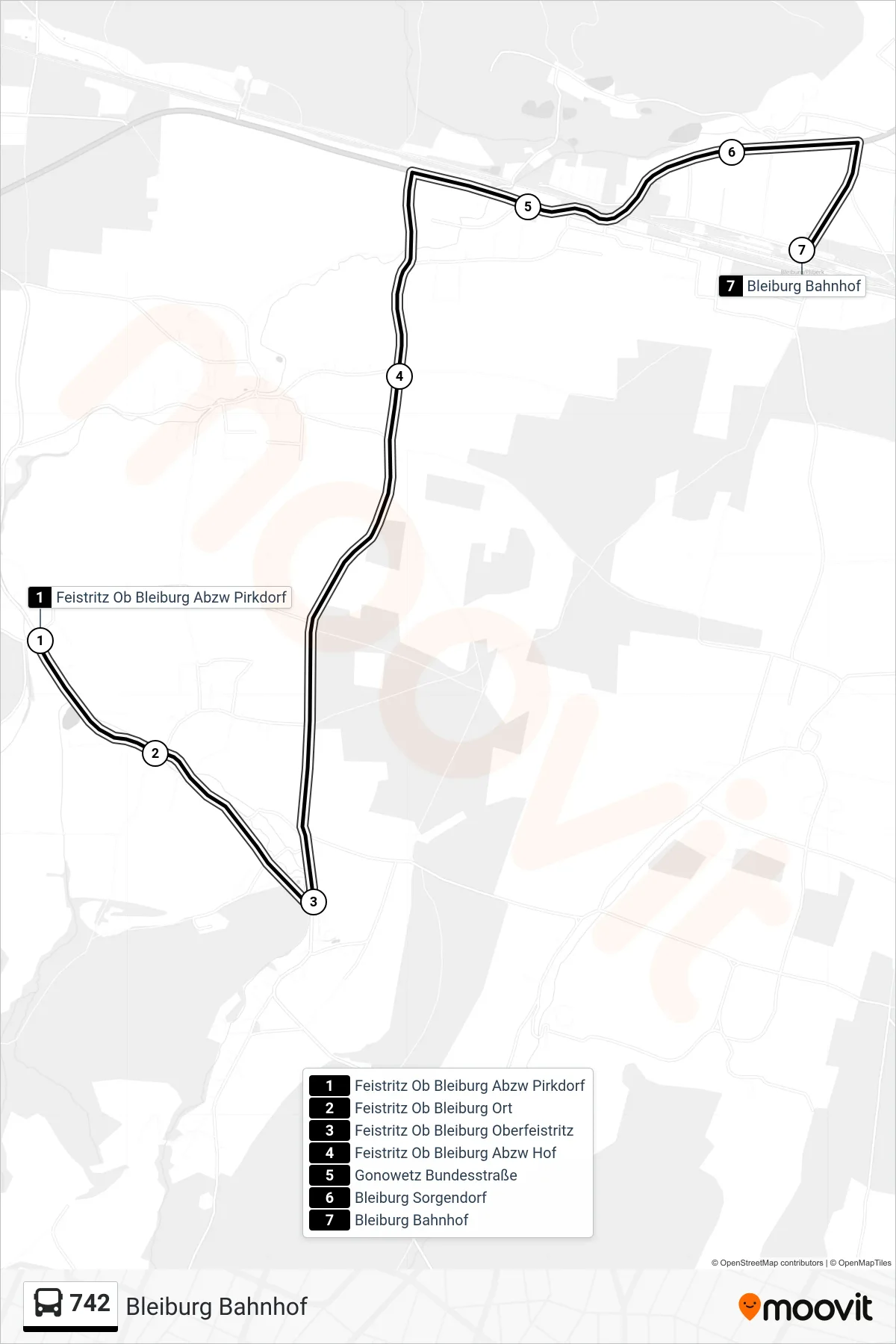 742 tram Line (Bleiburg Bahnhof) route and stops on a map