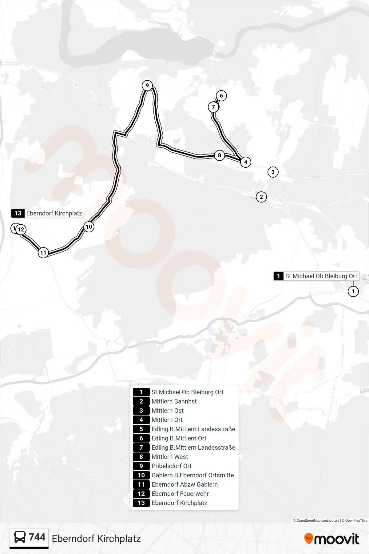 744 tram Line (Eberndorf Kirchplatz) route and stops on a map
