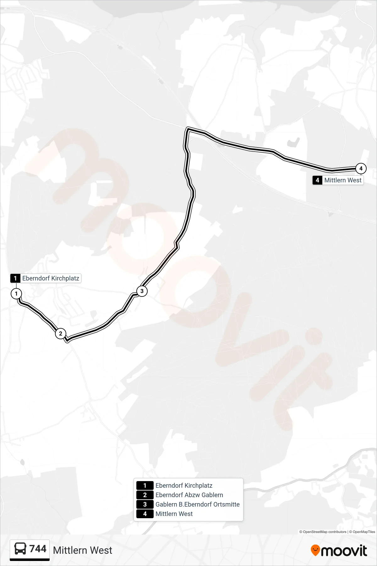744 tram Line (Mittlern West) route and stops on a map