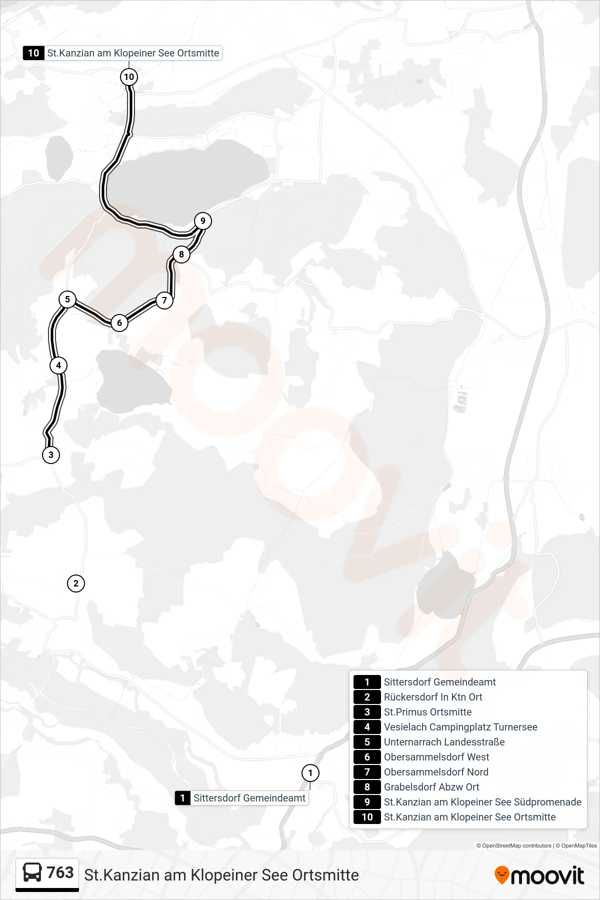 763 tram Line (St.Kanzian am Klopeiner See Ortsmitte) route and stops on a map