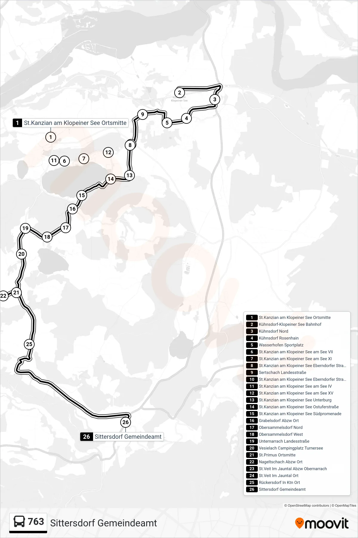 Linie 763 (Tram) Richtung Sittersdorf Gemeindeamt: Route und Haltestellen auf der Karte