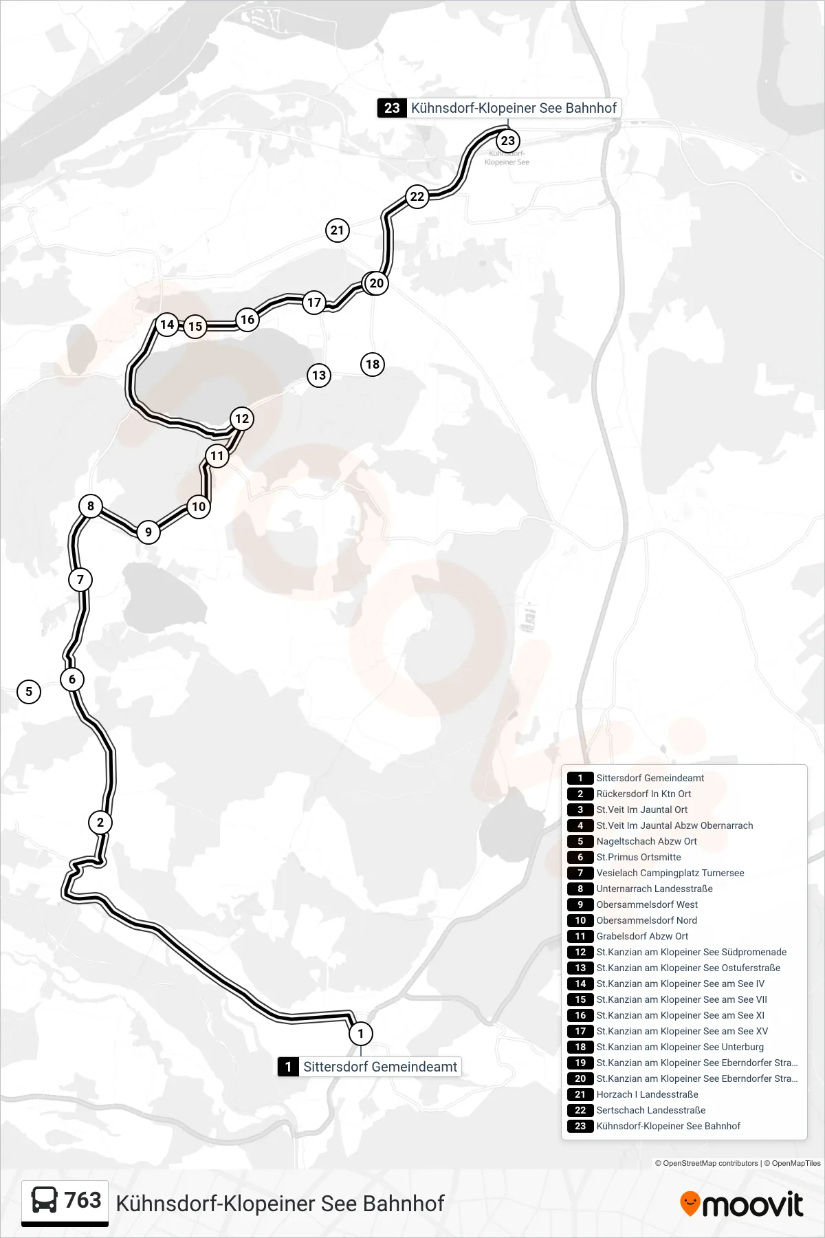 763 tram Line (Kühnsdorf-Klopeiner See Bahnhof) route and stops on a map
