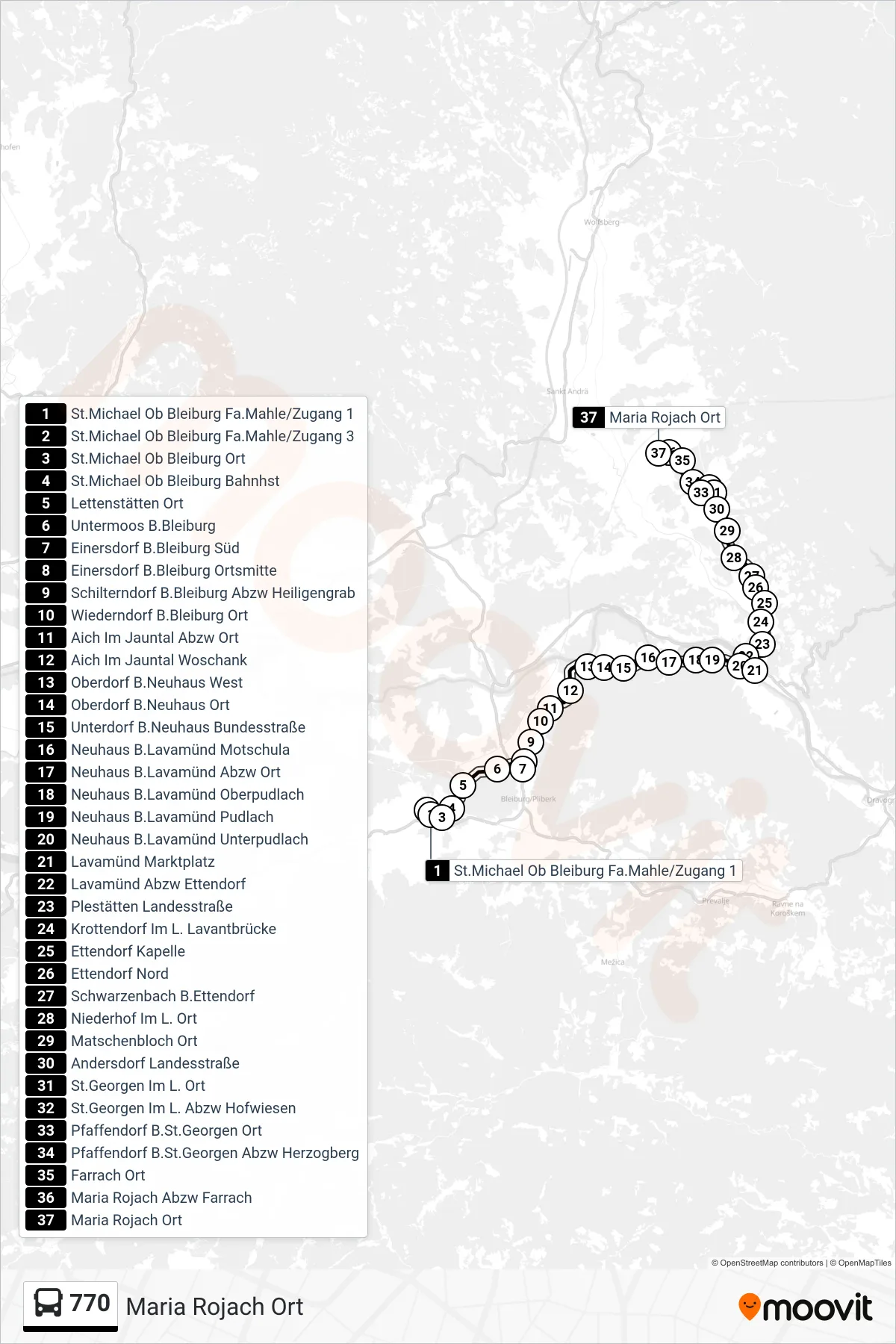 Linie 770 (Tram) Richtung Maria Rojach Ort: Route und Haltestellen auf der Karte