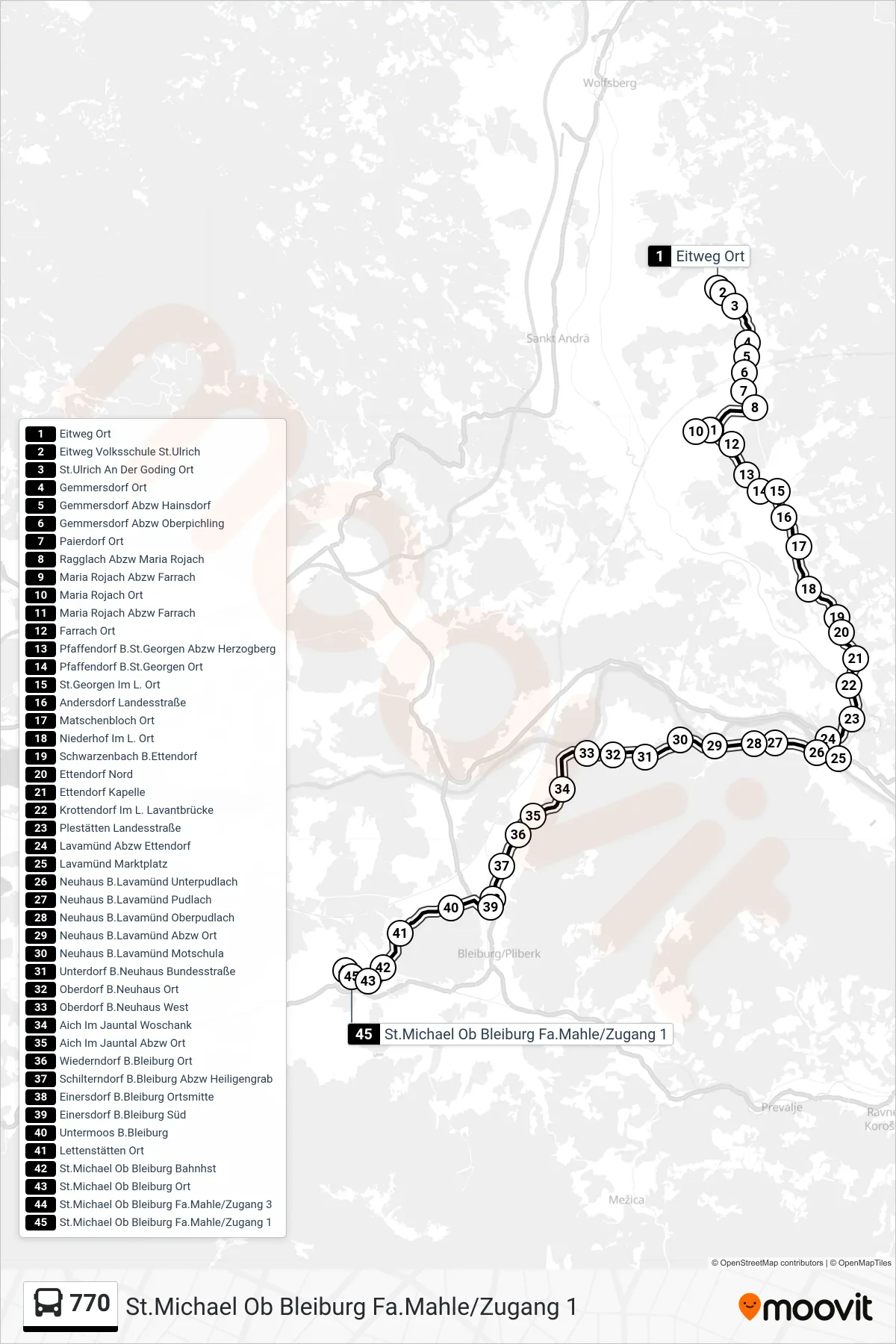 Linie 770 (Tram) Richtung St.Michael Ob Bleiburg Fa.Mahle/Zugang 1: Route und Haltestellen auf der Karte