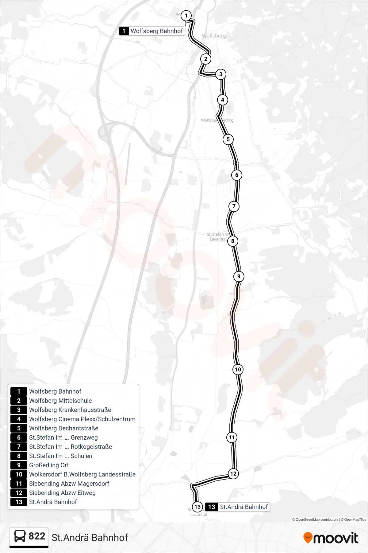 822 tram Line (St.Andrä Bahnhof) route and stops on a map