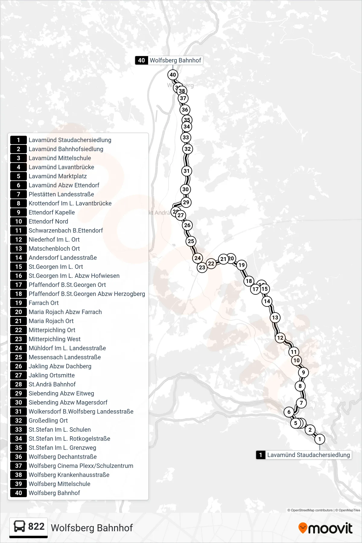 822 tram Line (Wolfsberg Bahnhof) route and stops on a map