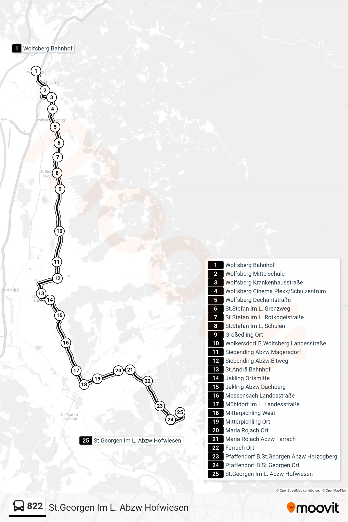 Linie 822 (Tram) Richtung St.Georgen Im L. Abzw Hofwiesen: Route und Haltestellen auf der Karte