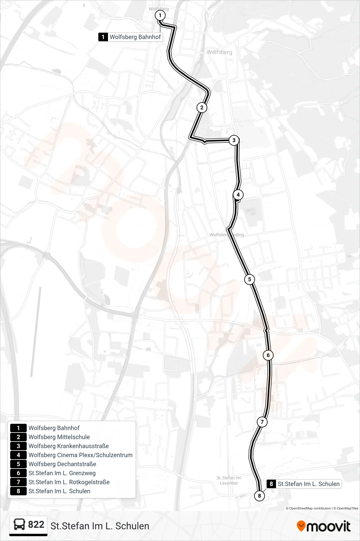 Linie 822 (Tram) Richtung St.Stefan Im L. Schulen: Route und Haltestellen auf der Karte