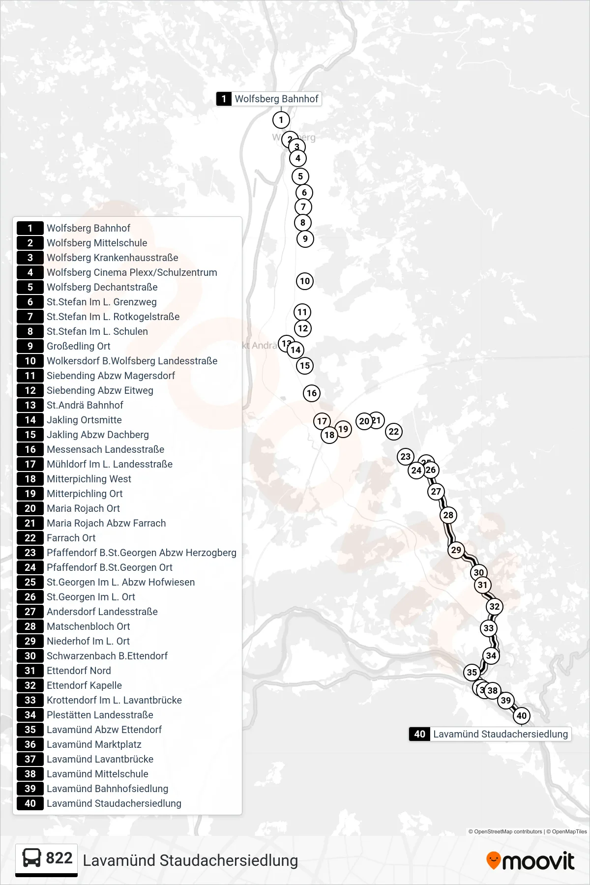 822 tram Line (Lavamünd Staudachersiedlung) route and stops on a map