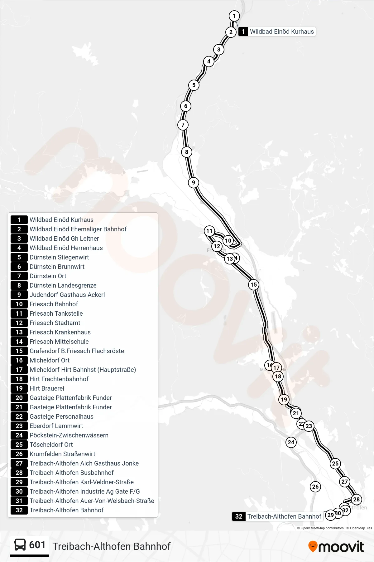 601 bus Line (Treibach-Althofen Bahnhof) route and stops on a map