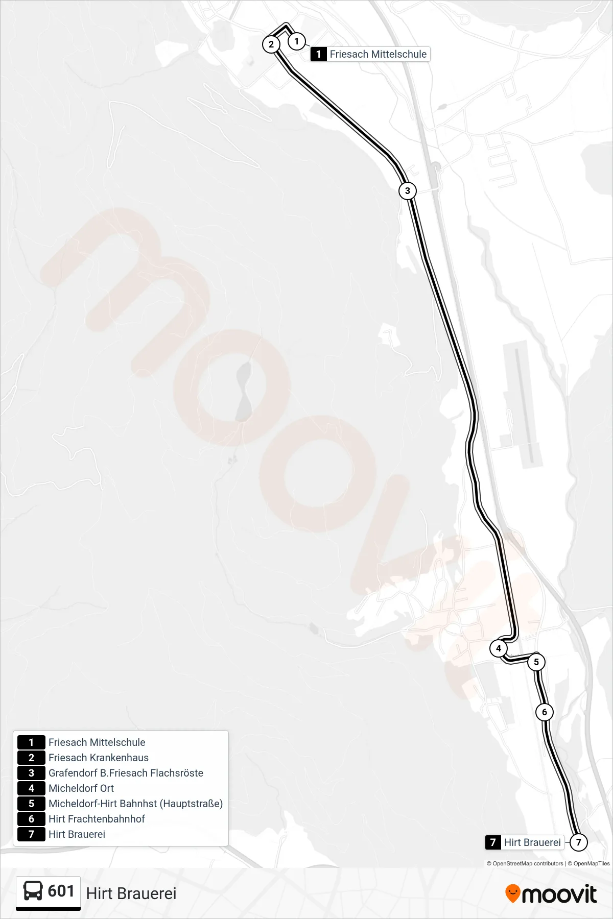601 bus Line (Hirt Brauerei) route and stops on a map