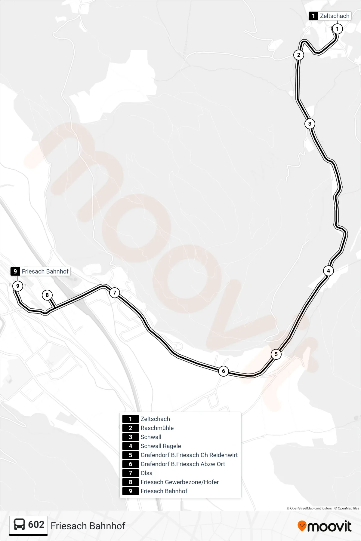 602 bus Line (Friesach Bahnhof) route and stops on a map