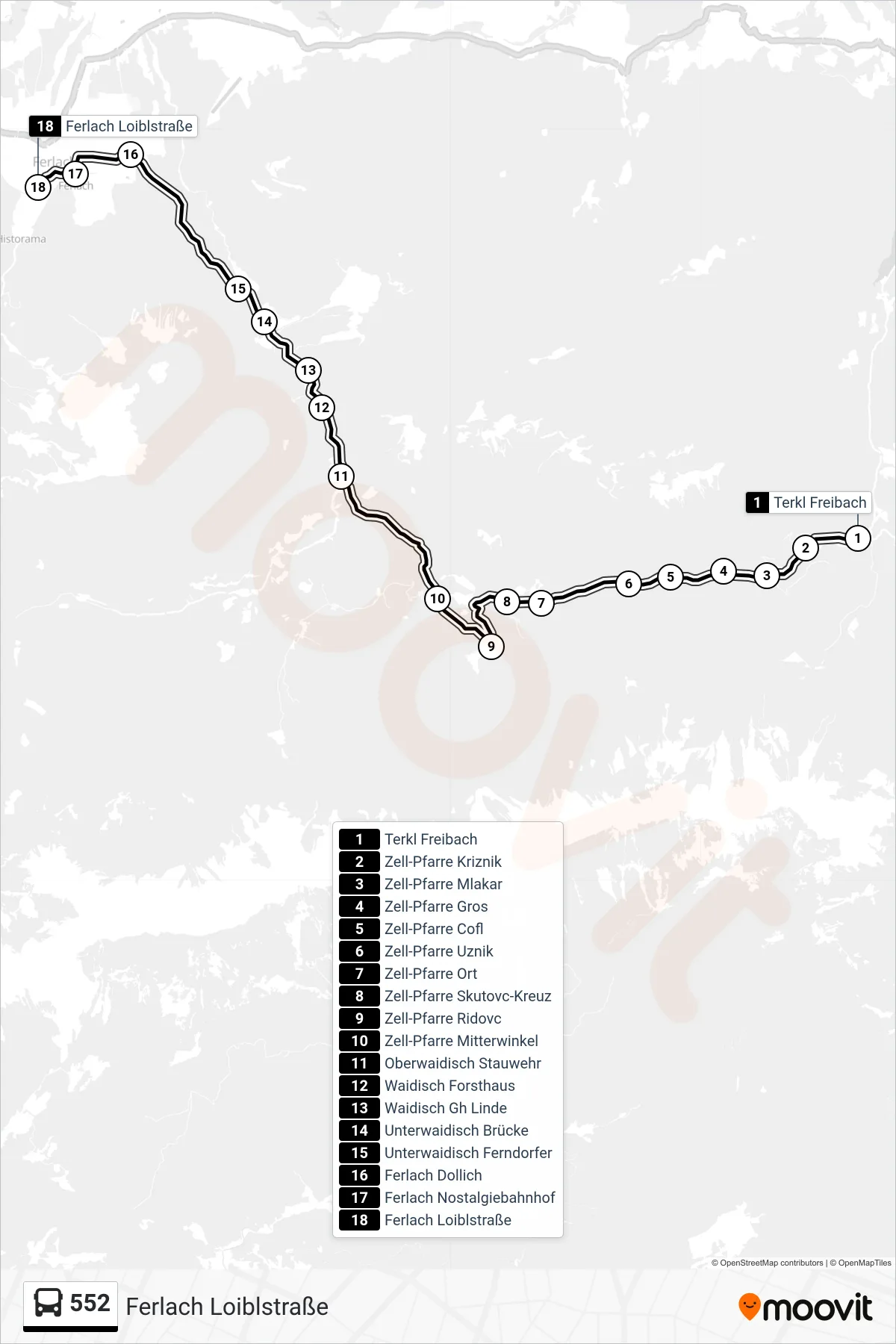 552 bus Line (Ferlach Loiblstraße) route and stops on a map