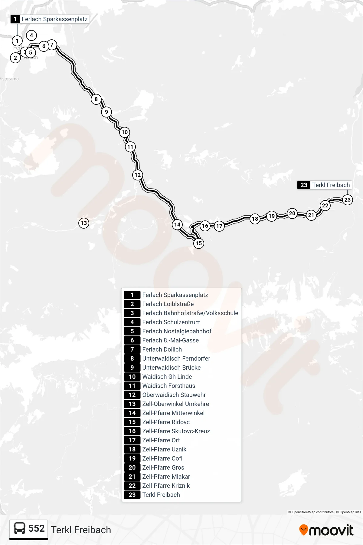 552 bus Line (Terkl Freibach) route and stops on a map