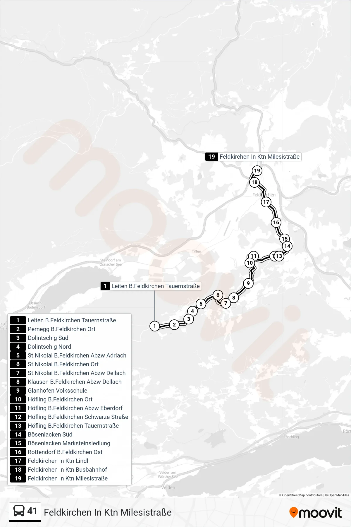 41 bus Line (Feldkirchen In Ktn Milesistraße) route and stops on a map