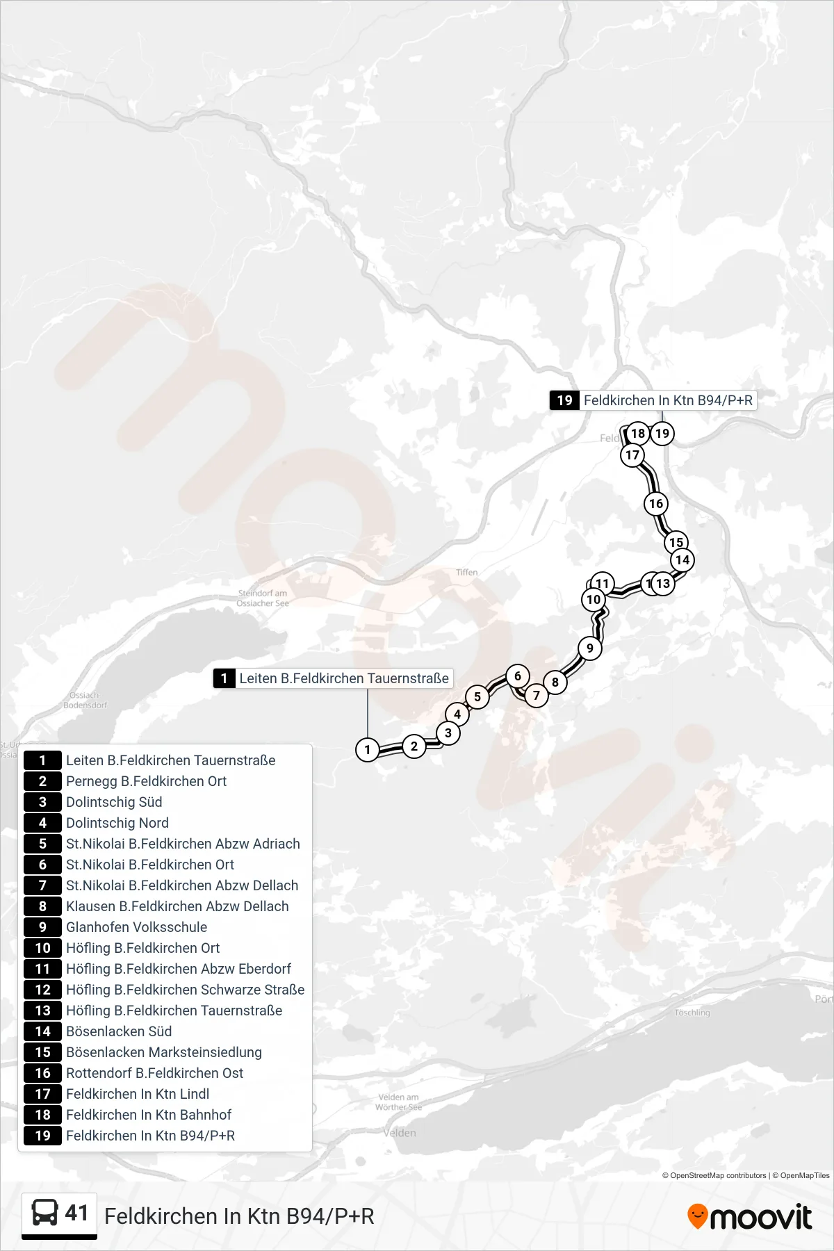 41 bus Line (Feldkirchen In Ktn B94/P+R) route and stops on a map