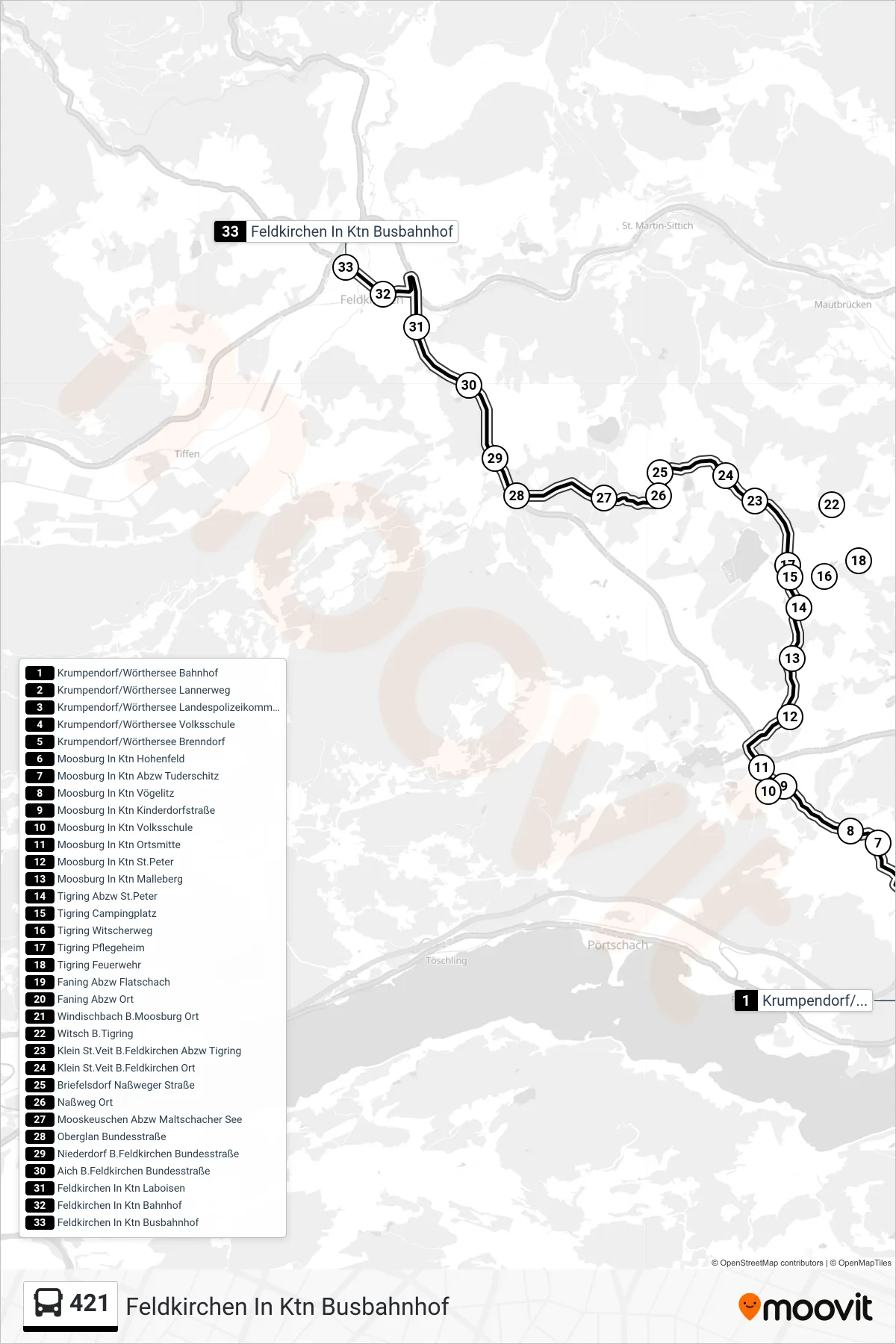421 bus Line (Feldkirchen In Ktn Busbahnhof) route and stops on a map