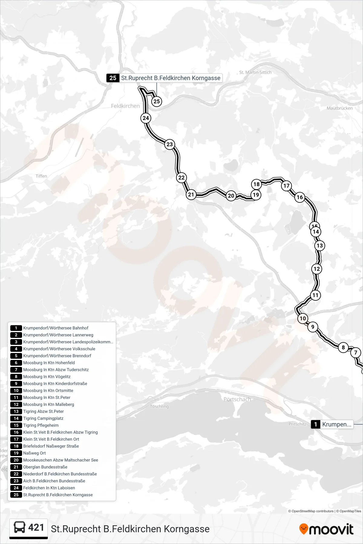 Linie 421 (Bus) Richtung St.Ruprecht B.Feldkirchen Korngasse: Route und Haltestellen auf der Karte