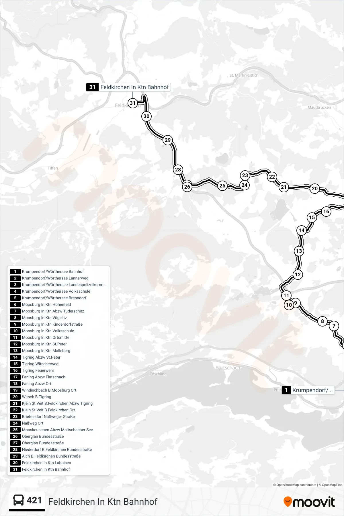 421 bus Line (Feldkirchen In Ktn Bahnhof) route and stops on a map