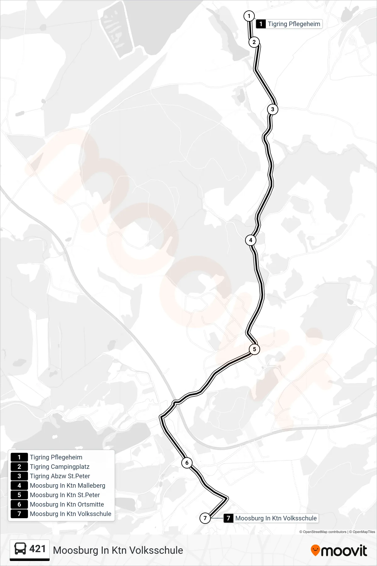 421 bus Line (Moosburg In Ktn Volksschule) route and stops on a map
