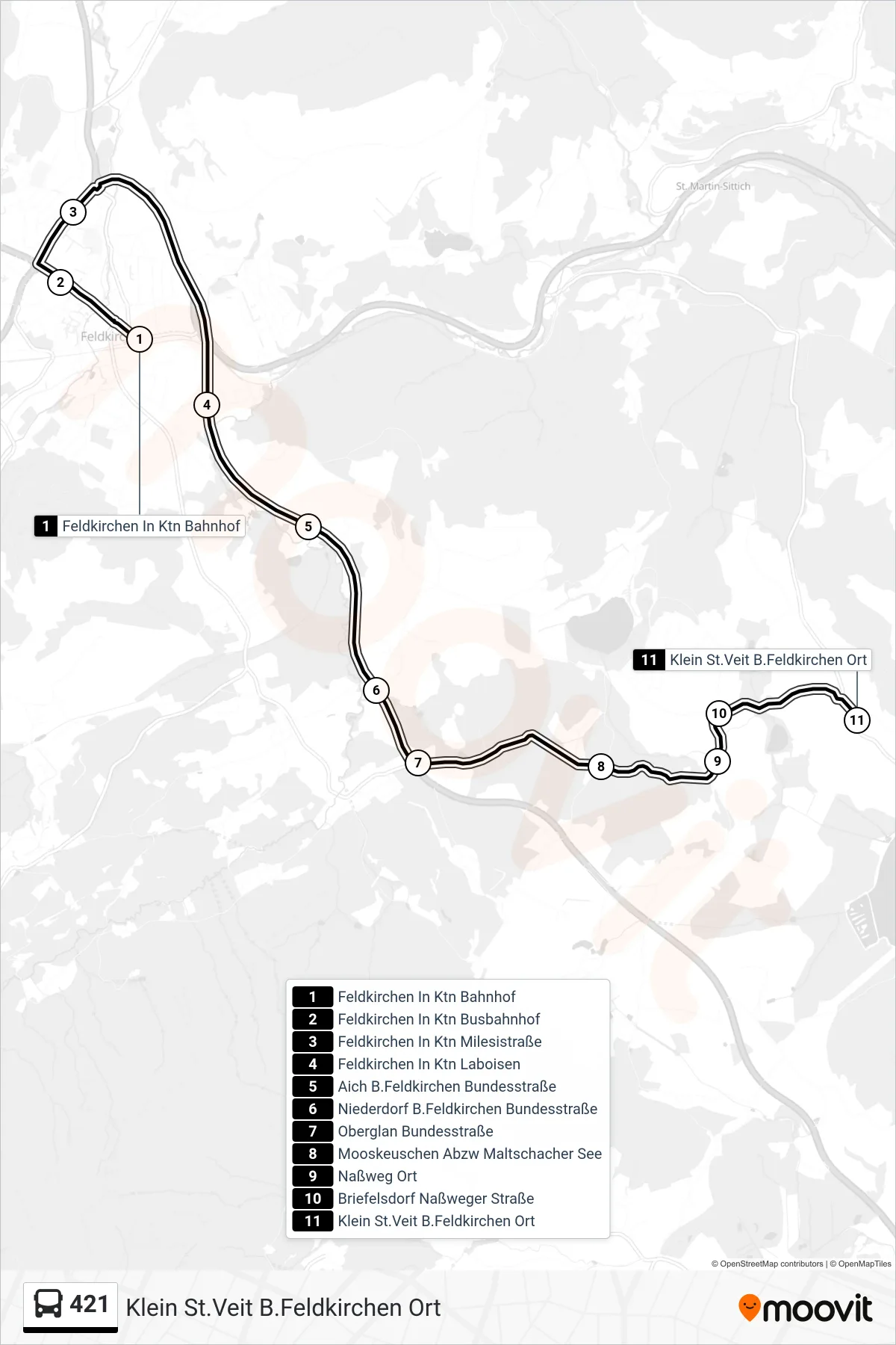 Linie 421 (Bus) Richtung Klein St.Veit B.Feldkirchen Ort: Route und Haltestellen auf der Karte