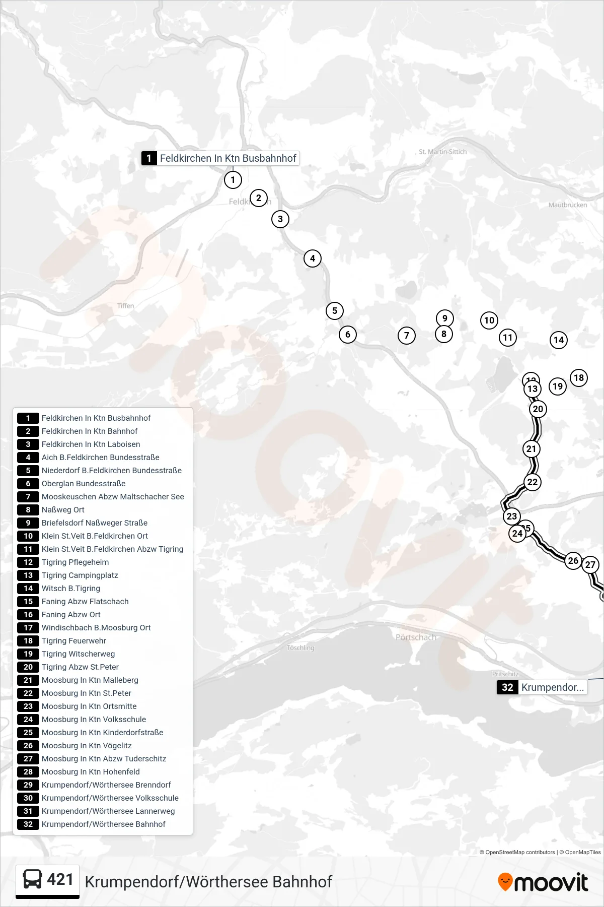 Linie 421 (Bus) Richtung Krumpendorf/Wörthersee Bahnhof: Route und Haltestellen auf der Karte