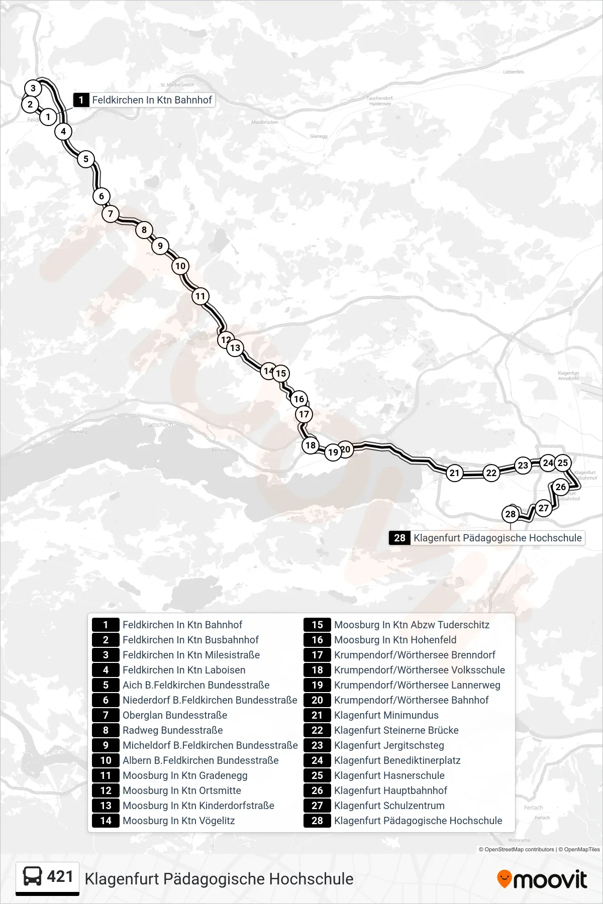 421 bus Line (Klagenfurt Pädagogische Hochschule) route and stops on a map
