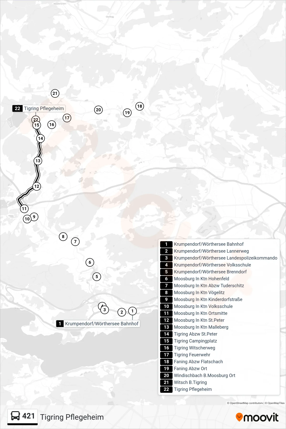 421 bus Line (Tigring Pflegeheim) route and stops on a map
