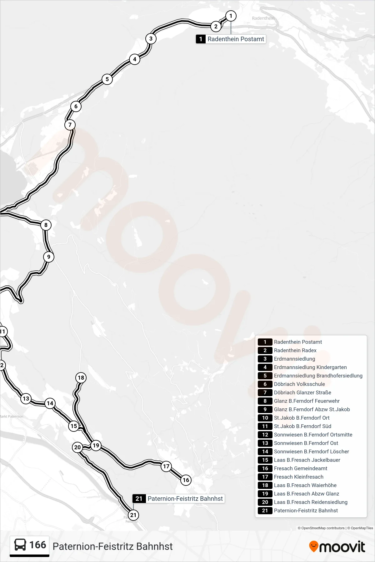 166 bus Line (Paternion-Feistritz Bahnhst) route and stops on a map