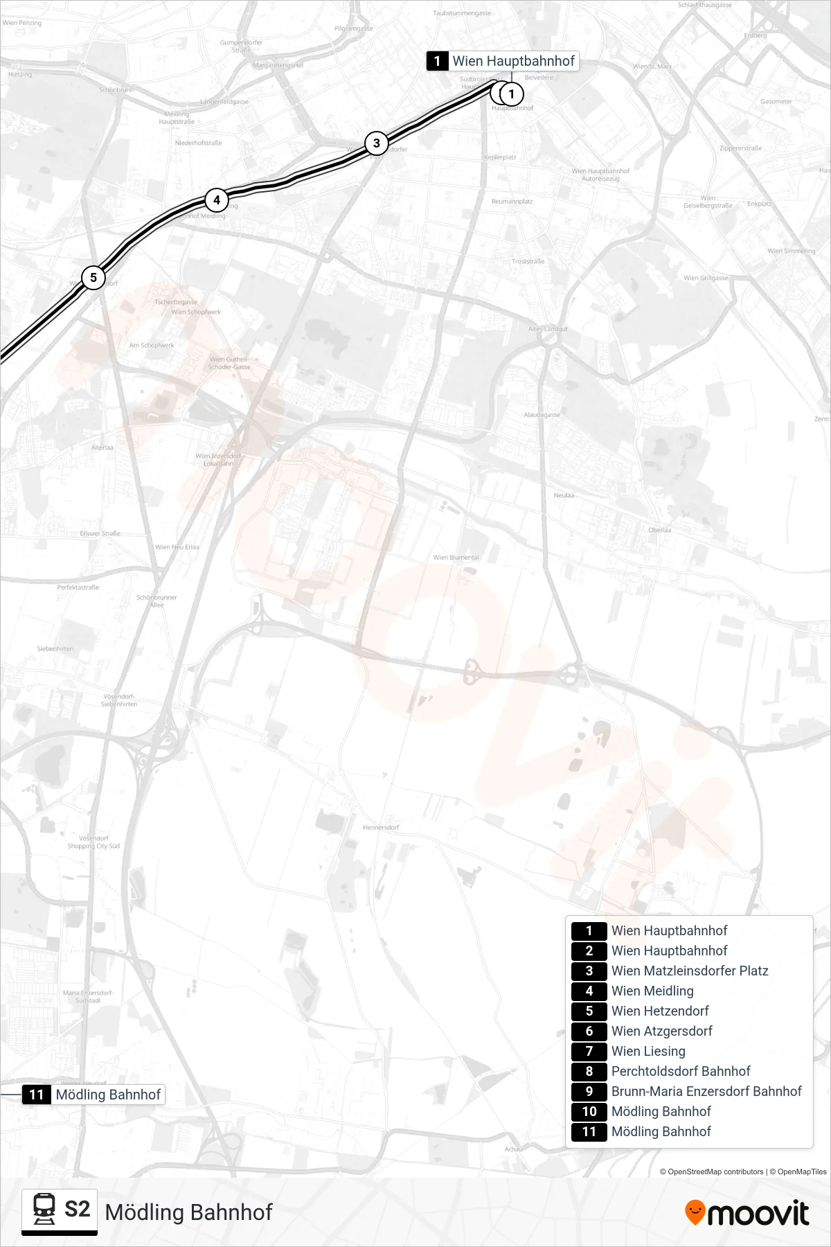 S2 rail Line (Mödling Bahnhof) route and stops on a map