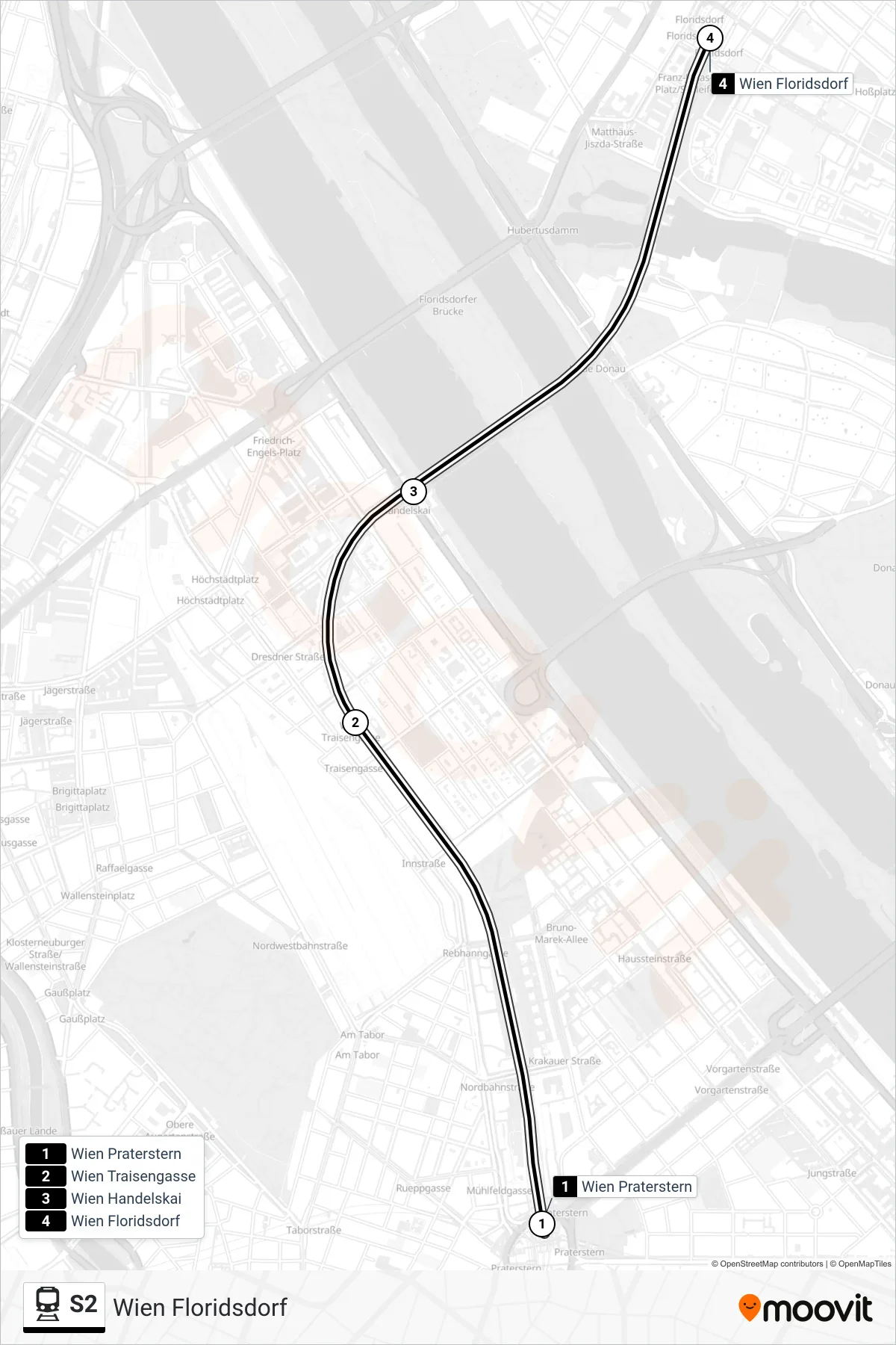 S2 train Line (Wien Floridsdorf) route and stops on a map
