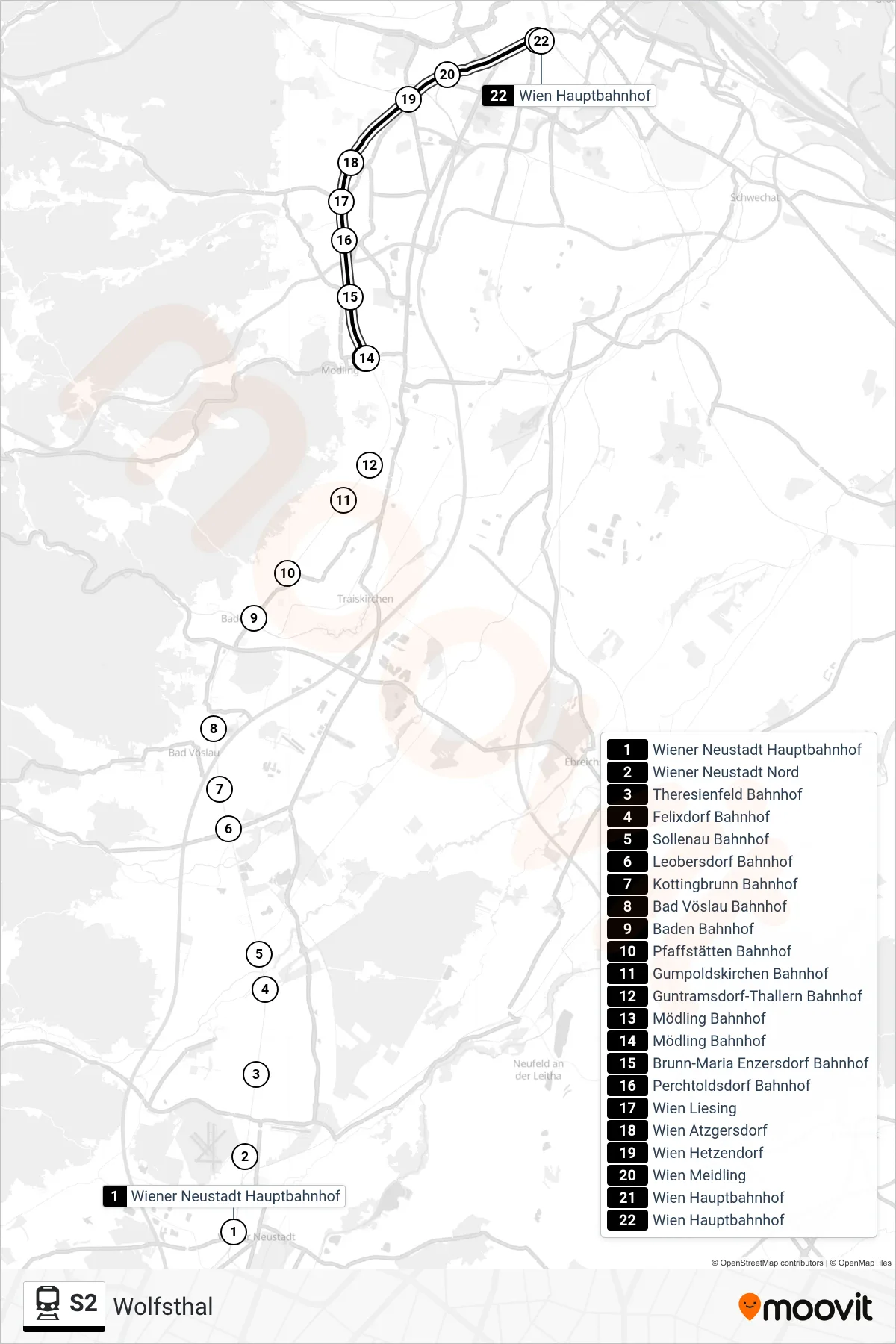 S2 rail Line (Wolfsthal) route and stops on a map