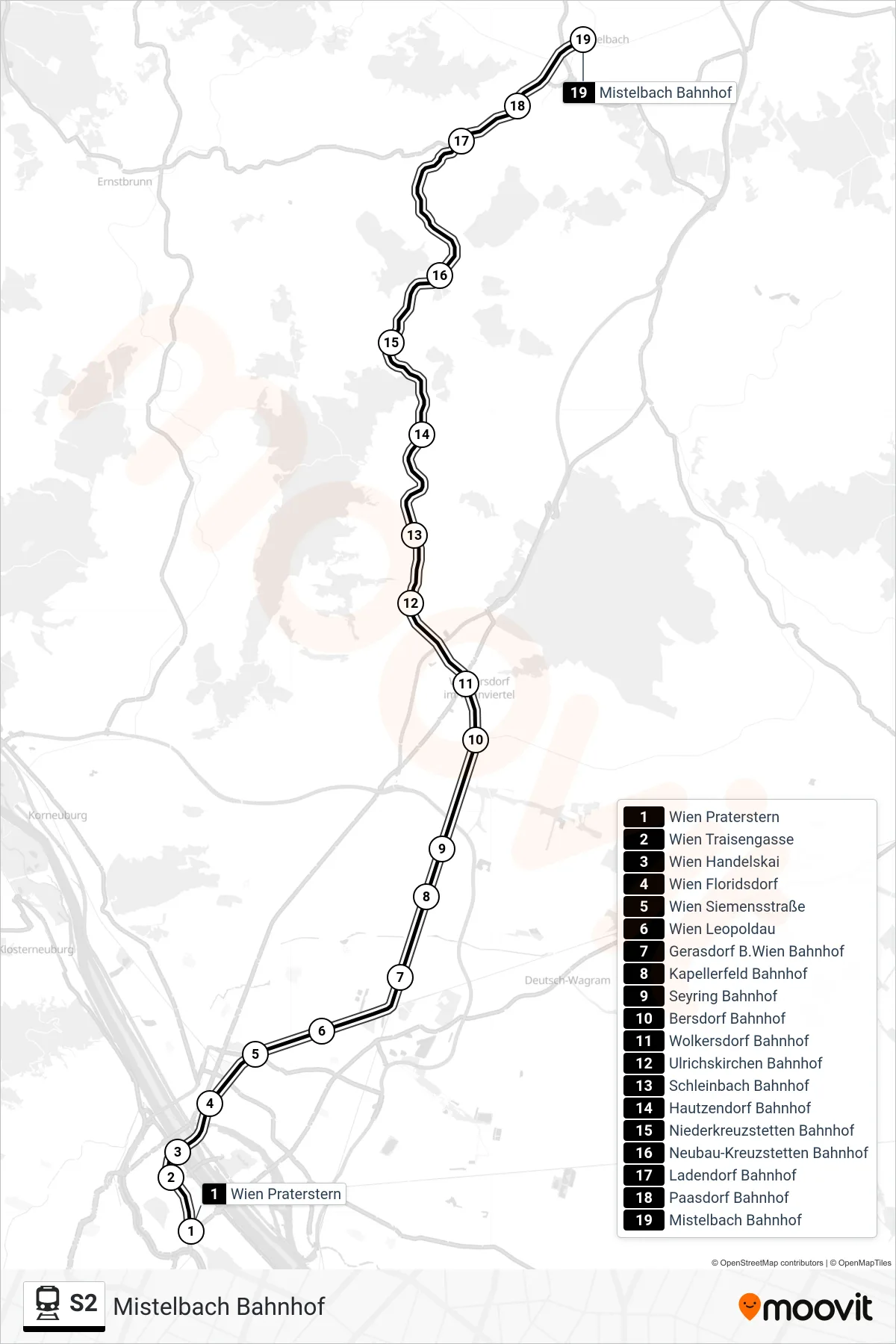 Linie S2 (Bahn) Richtung Mistelbach Bahnhof: Route und Haltestellen auf der Karte