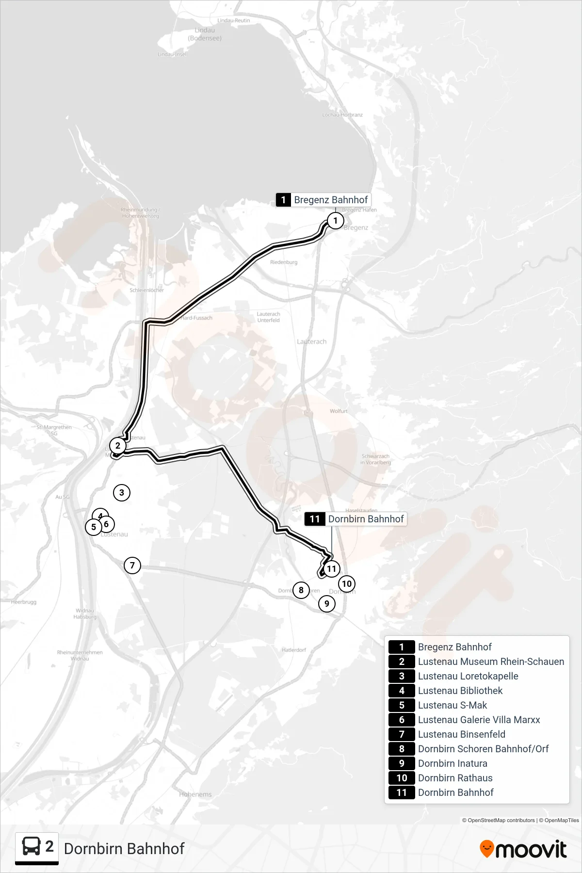 2 bus Line (Dornbirn Bahnhof) route and stops on a map