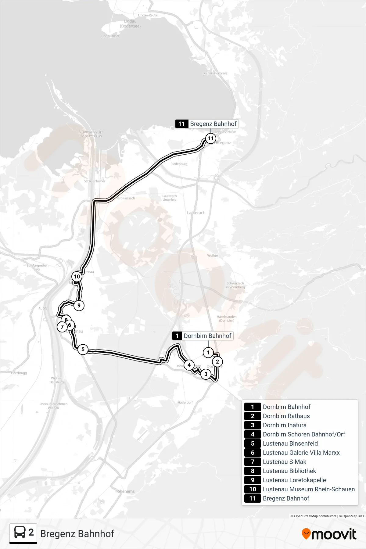 Linie 2 (Bus) Richtung Bregenz Bahnhof: Route und Haltestellen auf der Karte